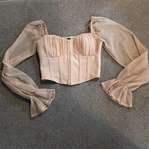 Pastel Pink Front Hook And Eye Top With Mesh Sleeves